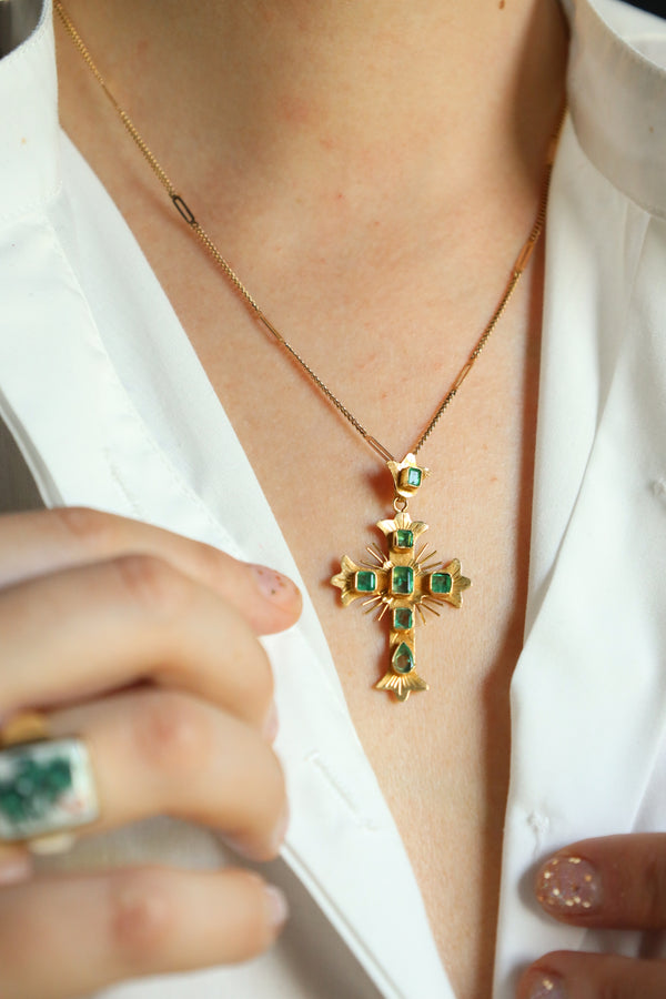 Antique Emerald Cross Pendant, Solid 18k Gold
