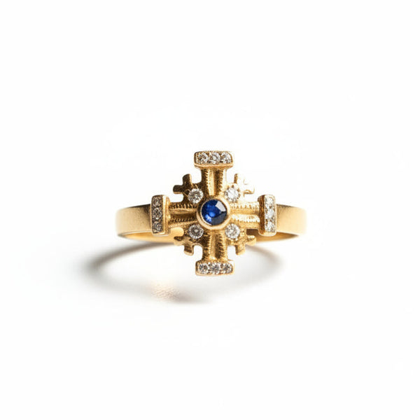 Maltese Cross Ring with Sapphire Cabochon
