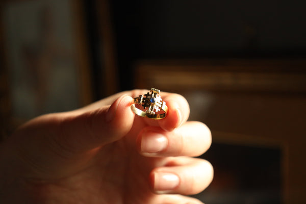 Maltese Cross Ring with Sapphire Cabochon