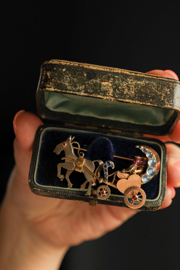 Antique Moonstone Crescent Horse Carriage Brooch in 14k Gold