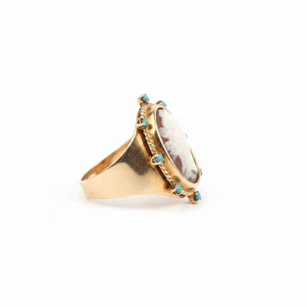 Shell Cameo Ring with Turquoise in Solid 18k Gold