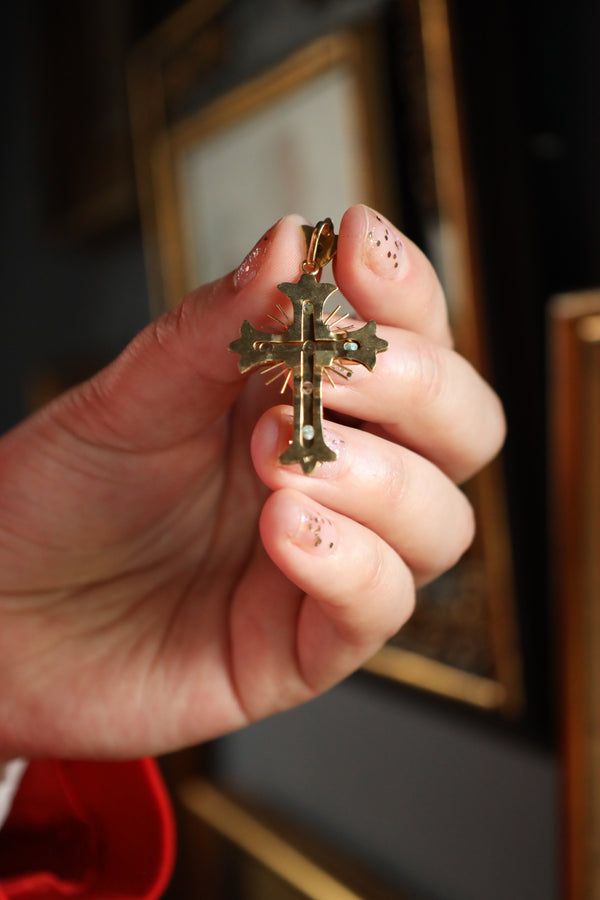 Antique Emerald Cross Pendant, Solid 18k Gold