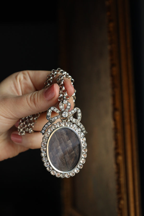 Antique Georgian Old Mine Cut Paste Bow Pendant with Woven Hair