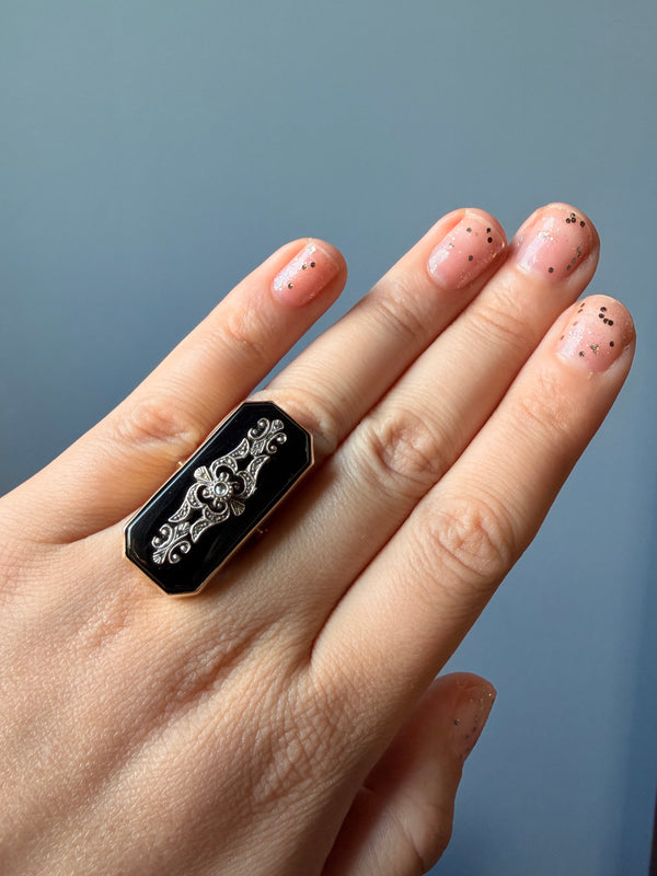 Retro Onyx and Diamond Panel Ring