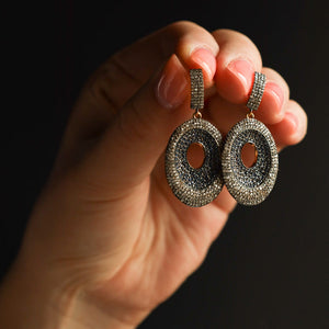 Oval Blue Sapphire Earrings with Pave Salt and Pepper Diamonds