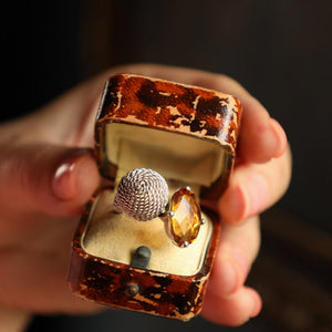 Oval Citrine Ring in Woven Silver With Pixel Alien, Repurposed Jewelry