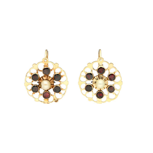 Antique Italian Foiled Garnet and Pearl Statement Round Earrings, Natural Gemstone Floral Hoops, 19th Century Jewelry