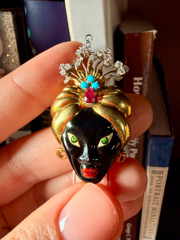Vintage Blackmoor Brooch: 18k Gold, Burma Ruby, Diamonds, Turquoise