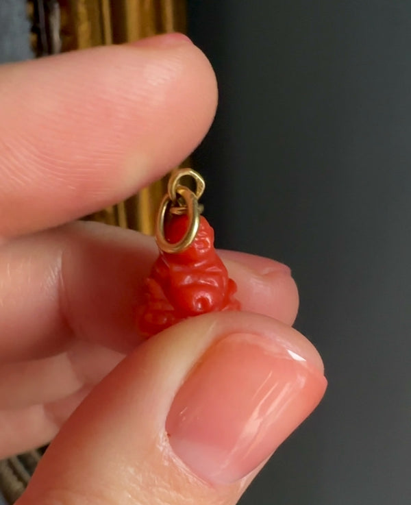 Coral Buddha Pendant, Solid 18k Gold Lucky Charm