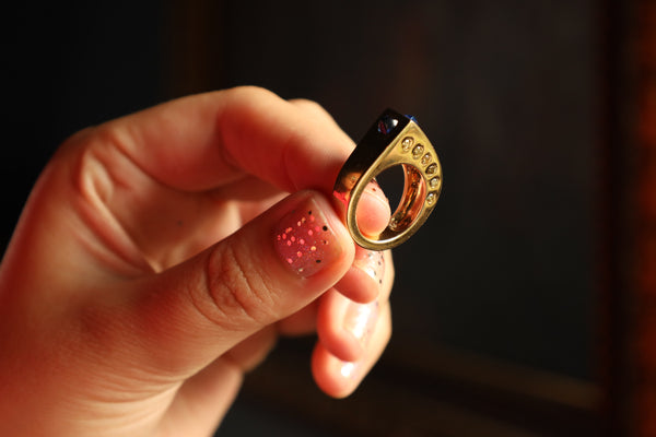 Retro Blue Sapphire Cabochon Ring, 18k Gold Heavy 16g