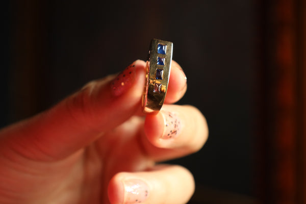 Retro Blue Sapphire Cabochon Ring, 18k Gold Heavy 16g