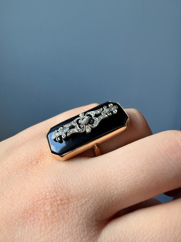 Retro Onyx and Diamond Panel Ring