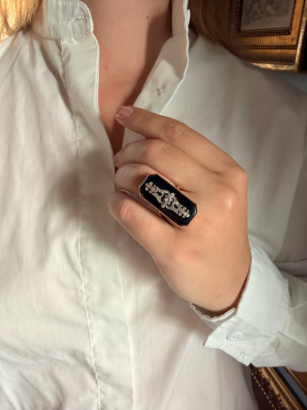 Retro Onyx and Diamond Panel Ring