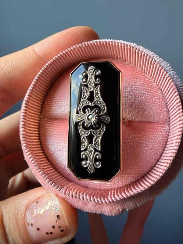 Retro Onyx and Diamond Panel Ring