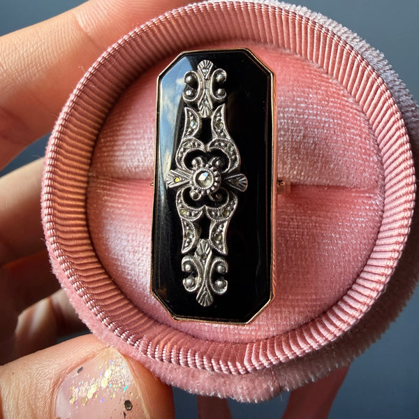 Retro Onyx and Diamond Panel Ring