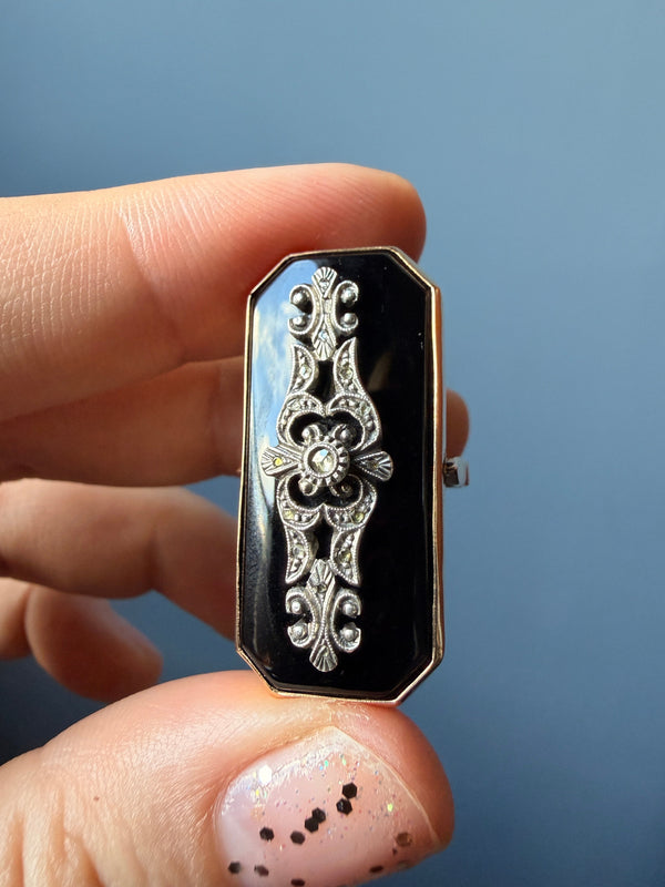 Retro Onyx and Diamond Panel Ring