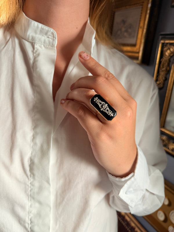 Retro Onyx and Diamond Panel Ring