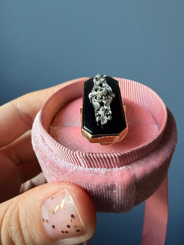 Retro Onyx and Diamond Panel Ring