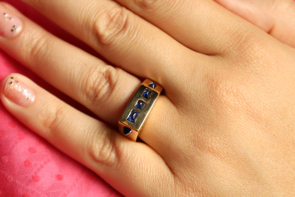 Retro Blue Sapphire Cabochon Ring, 18k Gold Heavy 16g