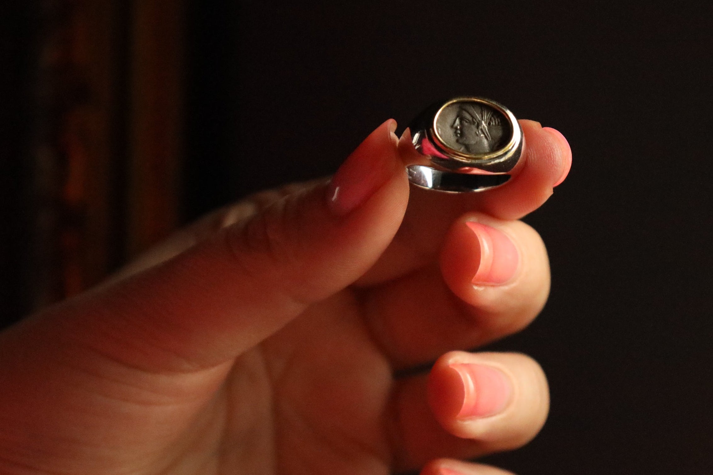 Solid 18k White Gold Roman Coin Signet Ring