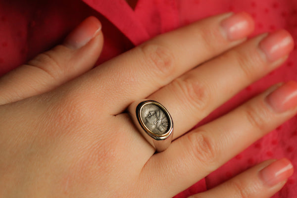 Signet Ring with Roman Coin: Italian Vintage Jewelry, Solid 18k Gold