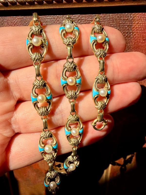 Antique Victorian Gold Chain Necklace and Bracelet Set with Turquoise, Enamel and Pearls