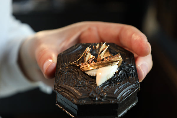 Antique Galleon Brooch with Tiger Shark Tooth in 18k Gold