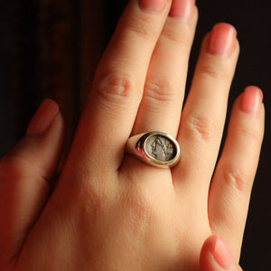 Signet Ring with Roman Coin: Italian Vintage Jewelry, Solid 18k Gold