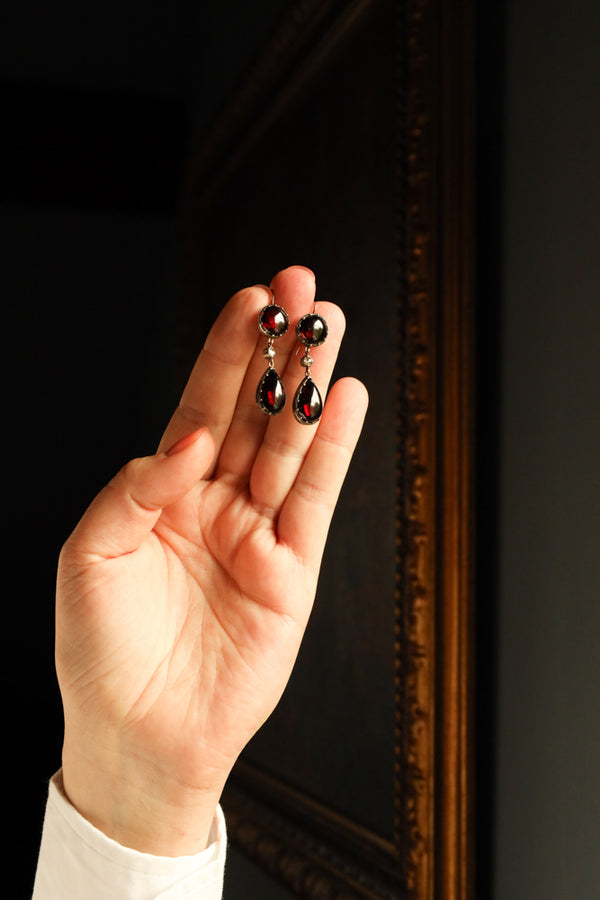 Antique Georgian Teardrop Garnet Cabochon and Diamond Earrings