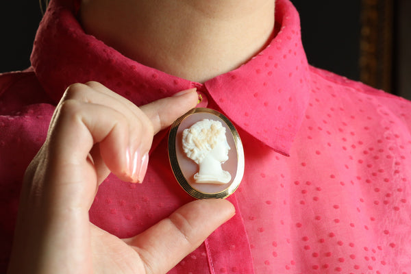 UNISEX Antique Italian Black Enamel and Hardstone Agate Portrait Cameo Brooch