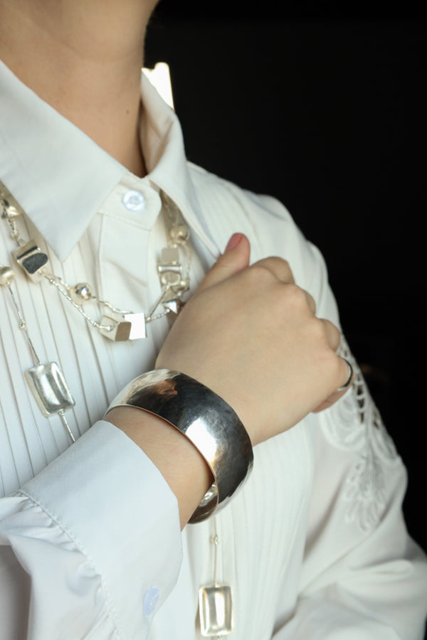 Unisex Torque Bracelet Tooled Silver, Extra Wide Cuff Bracelet - Modern Silver