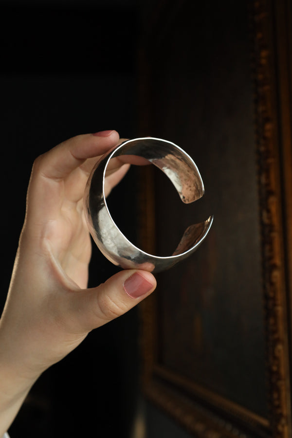 Unisex Torque Bracelet Tooled Silver, Extra Wide Cuff Bracelet - Modern Silver