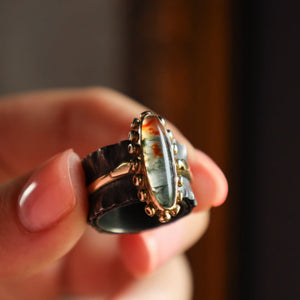 Upcycled Moss Agate Ring, Two Ring In One Dendric Agate Band