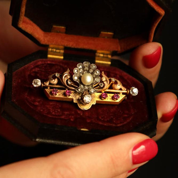 Victorian 18k Gold Bar Brooch with Old Mine Cut Diamonds, Rubies and Pearl