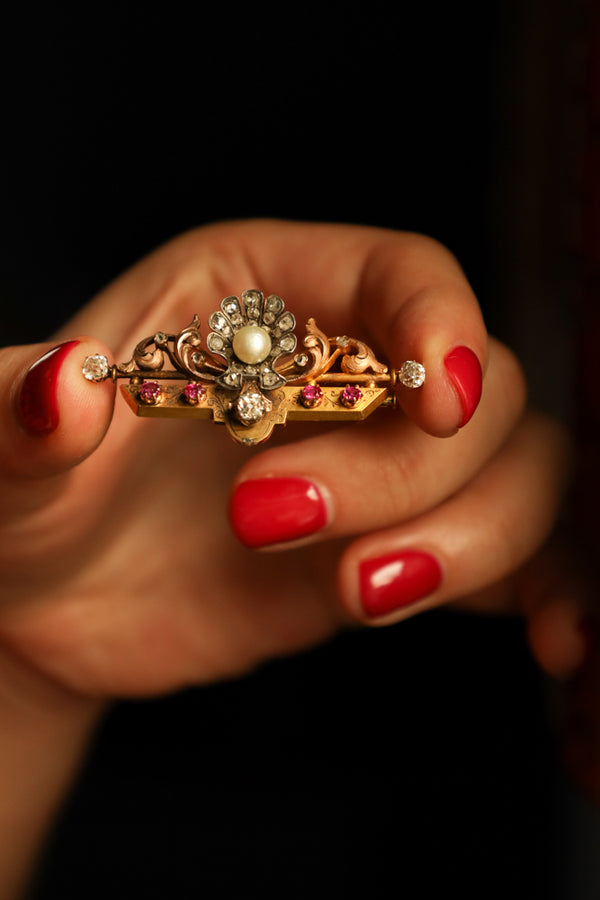 Victorian 18k Gold Bar Brooch with Old Mine Cut Diamonds, Rubies and Pearl