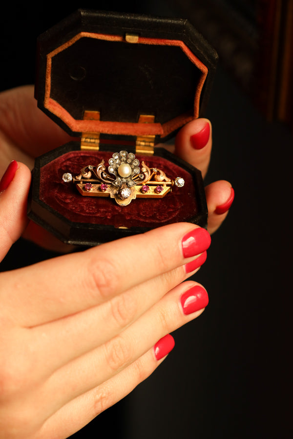 Victorian 18k Gold Bar Brooch with Old Mine Cut Diamonds, Rubies and Pearl
