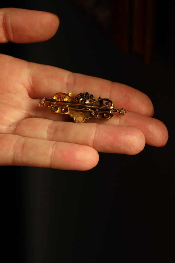Victorian 18k Gold Bar Brooch with Old Mine Cut Diamonds, Rubies and Pearl