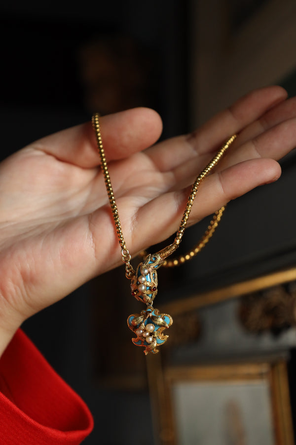 Victorian Necklace, Antique Snake Chain, Animal Enamel Jewelry