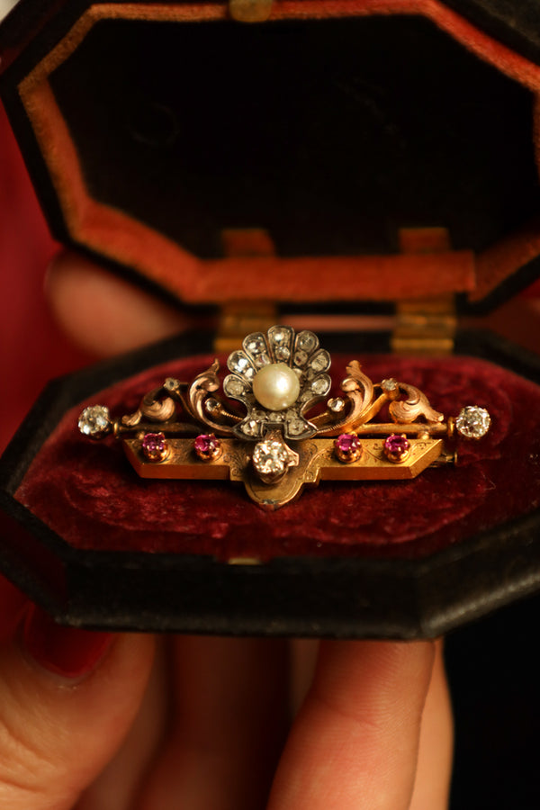 Victorian 18k Gold Bar Brooch with Old Mine Cut Diamonds, Rubies and Pearl