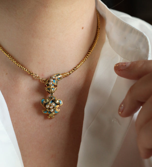 Victorian Necklace, Antique Snake Chain, Animal Enamel Jewelry