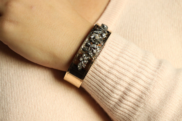 Victorian Style Cuff Bracelet: 14k Gold Floral Bangle with Rose Cut Diamonds