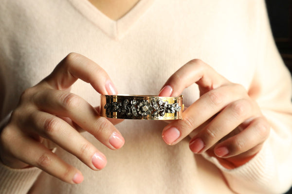 Victorian Style Cuff Bracelet: 14k Gold Floral Bangle with Rose Cut Diamonds