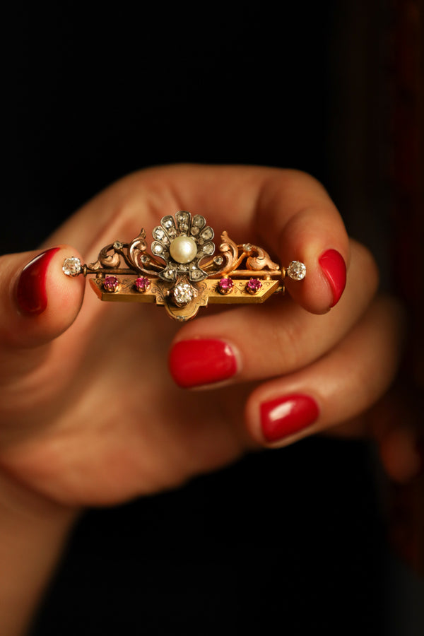 Victorian 18k Gold Bar Brooch with Old Mine Cut Diamonds, Rubies and Pearl
