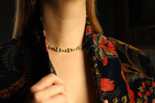 Antique Victorian Gold Chain Necklace and Bracelet Set with Turquoise, Enamel and Pearls
