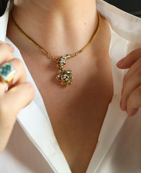 Victorian Necklace, Antique Snake Chain, Animal Enamel Jewelry