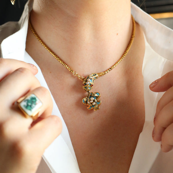 Victorian Necklace, Antique Snake Chain, Animal Enamel Jewelry