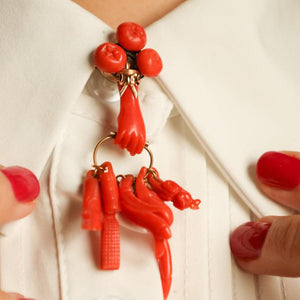 Victorian Hand Charm Brooch with Genuine Italian Coral