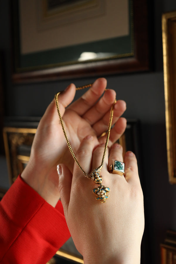 Victorian Necklace, Antique Snake Chain, Animal Enamel Jewelry