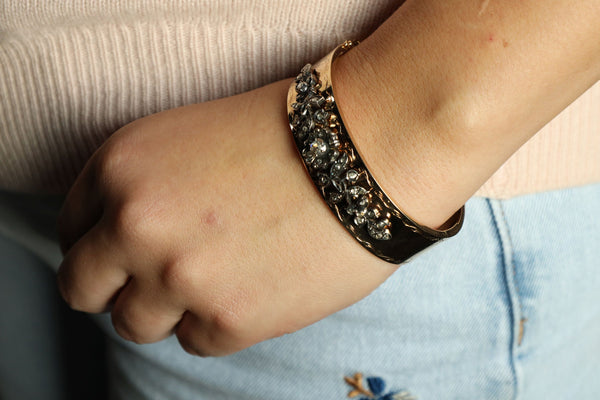 Victorian Style Cuff Bracelet: 14k Gold Floral Bangle with Rose Cut Diamonds