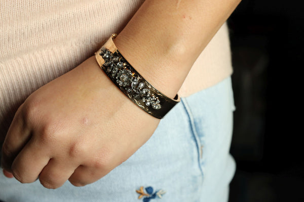 Victorian Style Cuff Bracelet: 14k Gold Floral Bangle with Rose Cut Diamonds